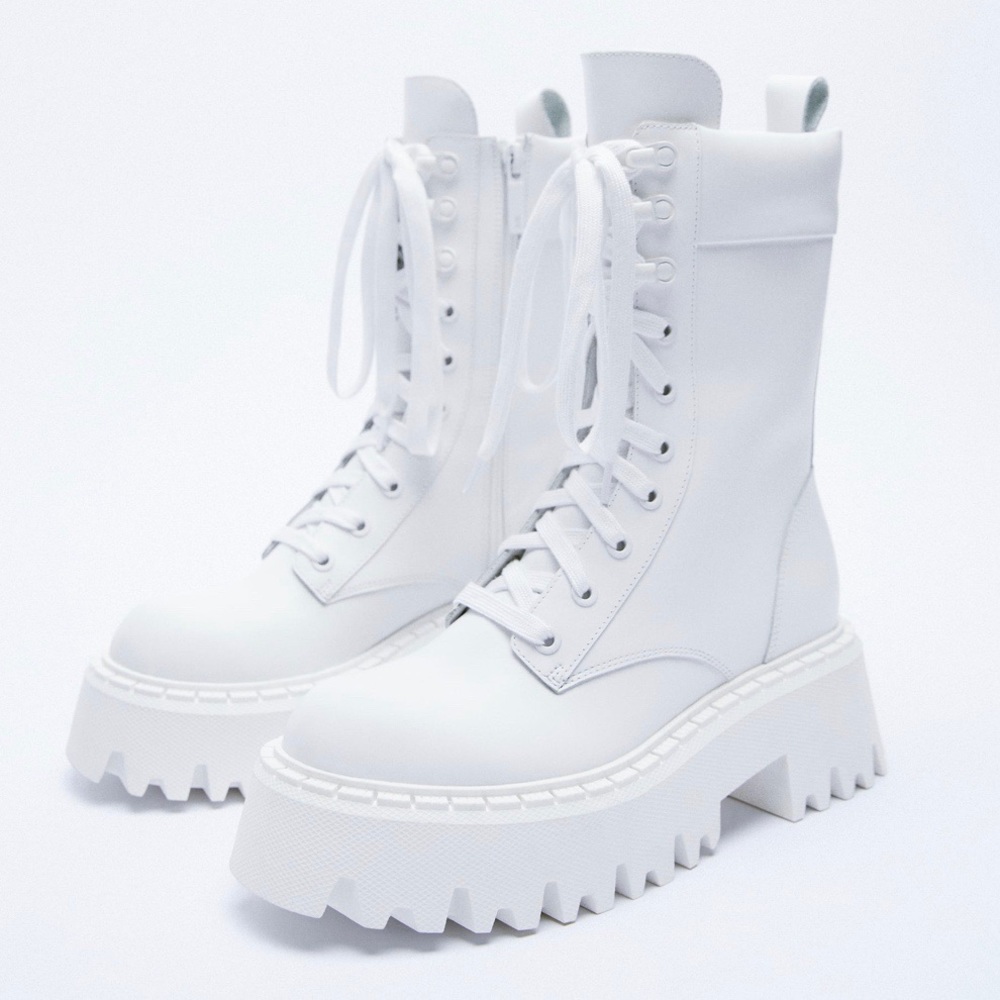 Zara White Lug Sole Lace-Up Leather Ankle Boots Size 37